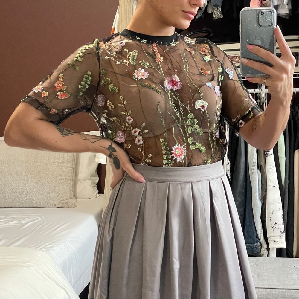 Black Mesh Short Sleeve Top with Multicolor Floral Embroidery